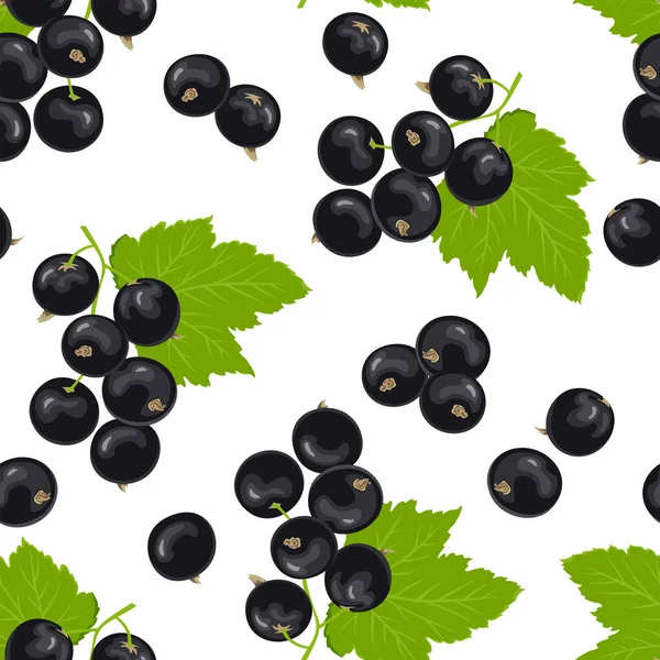 黑醋栗无缝图案 新鲜成熟的浆果和绿叶向量背景 卡通平面插图 — 图库矢量图片