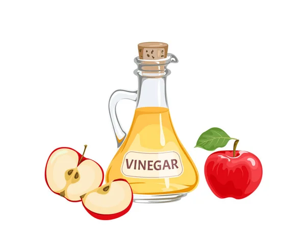 Cuka Sari Apel Dalam Botol Kaca Dan Buah Apel Merah - Stok Vektor