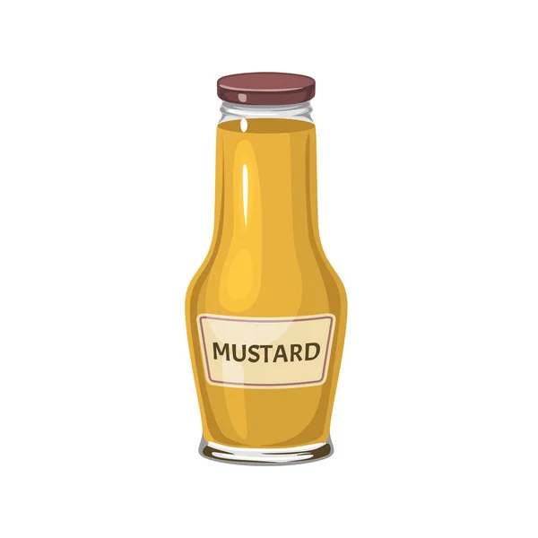玻璃瓶里的芥末被白色背景隔离了 卡通平面风格的辣椒酱矢量插图 — 图库矢量图片