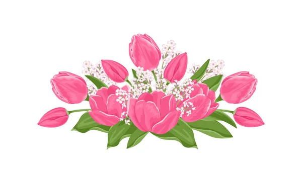 Bouquet Fiori Primaverili Tulipani Rosa Isolati Sfondo Bianco Illustrazione Piatta — Vettoriale Stock