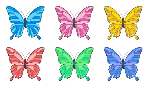 Sada Barevných Motýlů Izolovaných Bílém Pozadí Vektorové Kreslené Ploché Ilustrace — Stockový vektor