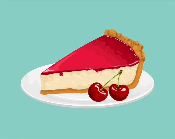 Gâteau Fromage Cerise Sur Plaque Blanche Isolée Illustration Vectorielle Gâteau — Image vectorielle