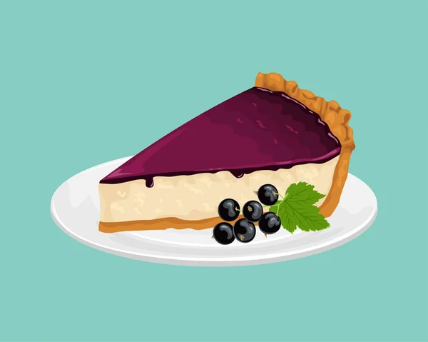 Svarta Vinbär Cheesecake Vit Platta Isolerad Vektor Illustration Söt Mjölk — Stock vektor