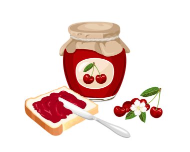 Kiraz reçeli seti. Tost ekmeğine, bıçağa, jöleli cam kavanoza, taze kırmızı böğürtlenlere ve beyaza izole edilmiş çiçeğe sürün. Çizgi film tarzı tatlı yemek illüstrasyonları.
