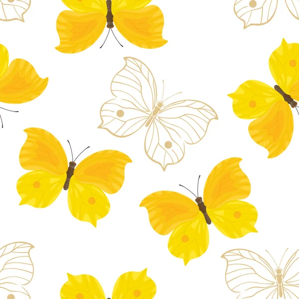 Yellow Butterflies White Background Seamless Pattern Vector Illustration Cartoon Flat — Stock Vector