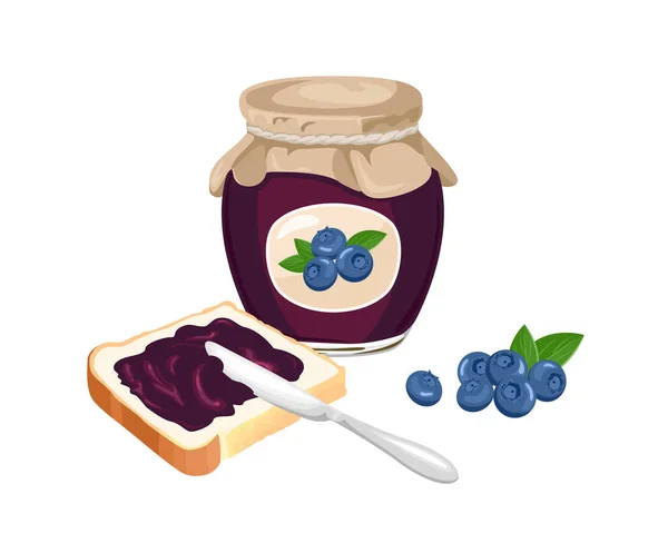 Selai Blueberry Siap Tersebar Atas Sepotong Roti Panggang Pisau Botol - Stok Vektor