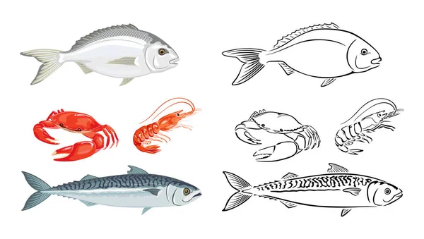 海鲜和鱼具 鸭嘴豆 螃蟹和鲭鱼的病媒图解 卡通平面图标和黑白轮廓 — 图库矢量图片