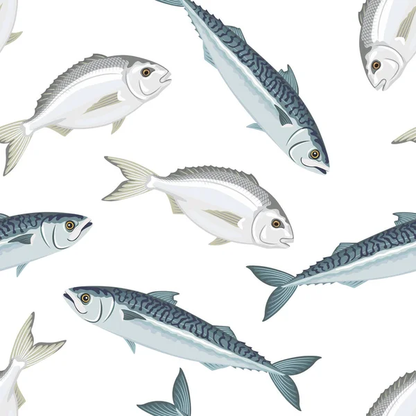 Bezešvé Ryby Vektorová Ilustrace Dorada Makrely Pozadí Jídla Kreslený Plochý — Stockový vektor