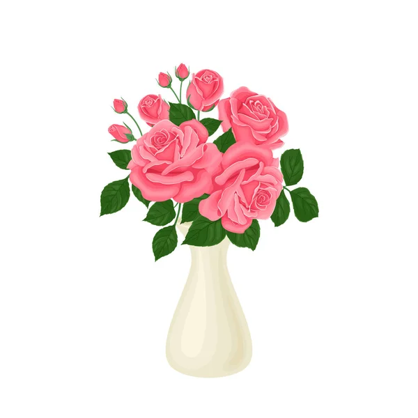 Fleurs Roses Roses Dans Vase Blanc Illustration Florale Vectorielle Dessin — Image vectorielle