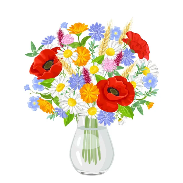 Kytice Letních Květin Skleněné Průhledné Váze Izolované Bílém Pozadí Vektorová — Stockový vektor