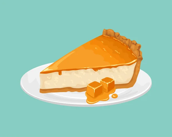 Cheesecake Dengan Karamel Piring Putih Terisolasi Vektor Ilustrasi Manis Susu - Stok Vektor