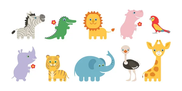 Set Cartoni Animati Simpatici Animali Africani Illustrazione Piatta Vettoriale Ippopotamo — Vettoriale Stock