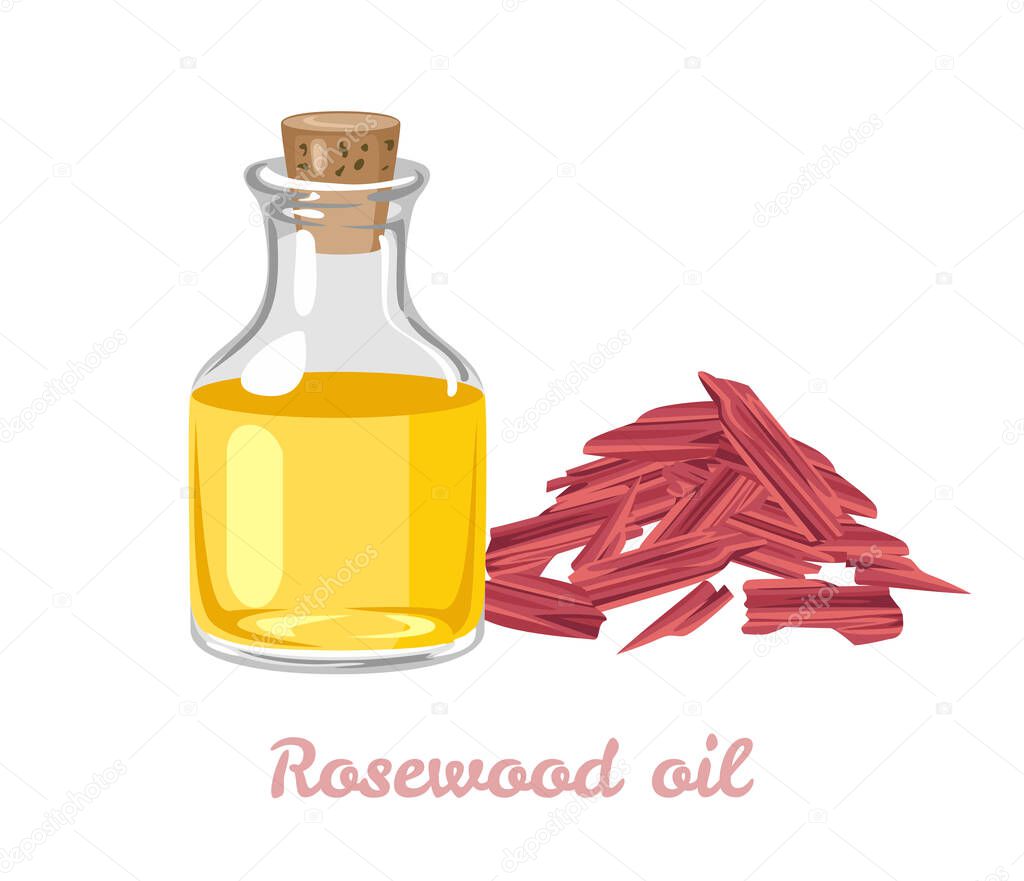 Rosewood essential oil in glass bottle. Vector illustration of aromatic oil in cartoon flat style.
