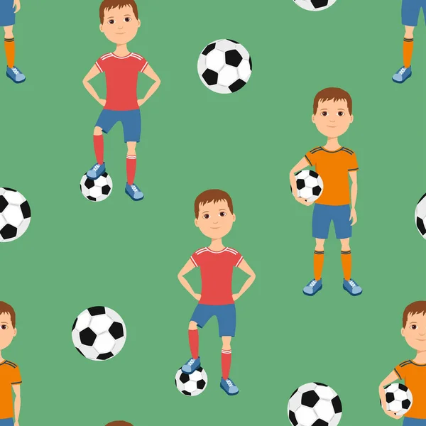 Patrón Sin Costuras Con Jugador Fútbol Chico Pelota Fútbol Verde — Vector de stock