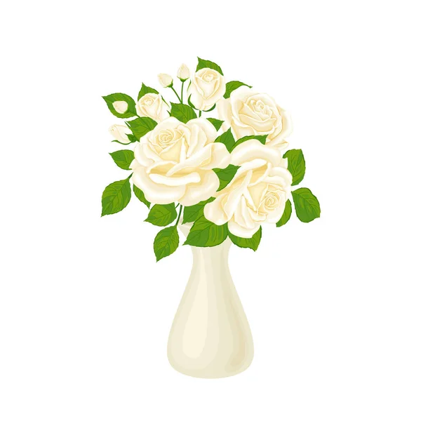 Strauß Weißer Rosenblüten Einer Vase Isoliert Vektorflorale Illustration Cartoon Flachstil — Stockvektor