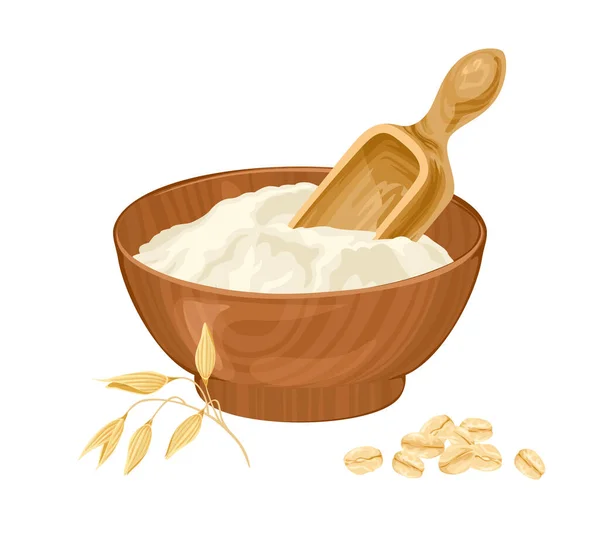 木製のボウルに小麦粉で スプーン 黄金の耳とフレーク分離 ベクトル漫画フラットイラスト — ストックベクタ