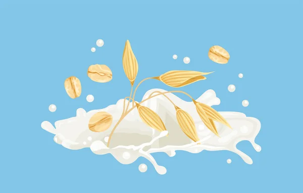 Spritzer Hafermilch Flocken Und Haferohr Vektorillustration Von Bio Lebensmitteln Cartoon — Stockvektor