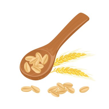 Tahta kaşıkta buğday, tahıl yığını ve altın kulak. Vektör çizgi film illüstrasyonu.