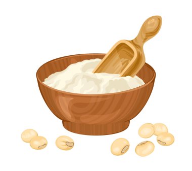 Kase içinde soya unu ve kaşık ve fasulye. Çizgi film düz stiliyle vektör illüstrasyonu.