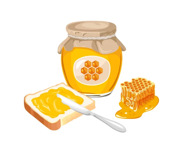 Honigset Vorhanden Toastbrot Mit Honig Messer Glas Und Wabe Isoliert — Stockvektor