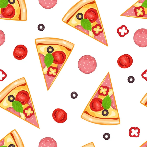 Pizza Seamless Pattern Slices Pizza Salami Tomatoes White Background Vector — Vector de stock