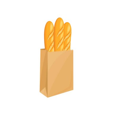 Fransız ekmeği beyaz arka planda izole edilmiş kağıt torba içinde. Çizgi film tarzında taze ekmeğin vektör çizimi.