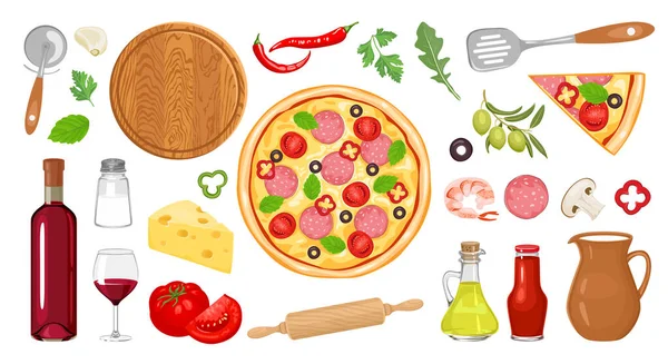 Cartoon Pizza Ingredientes Utensílios Cozinha Conjunto Coleção Ilustrações Vetoriais Produtos —  Vetores de Stock