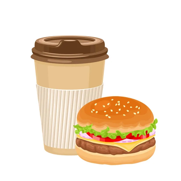 Hamburger Takeaway Cup Coffee Isolated White Background Vector Cartoon Flat — Stock Vector