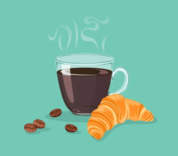Cup Coffee Croissant Breakfast Sweet Fresh Pastries Hot Drink Vector — Vetor de Stock