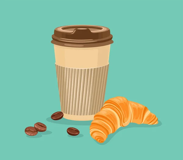 Paper Cup Coffee Fresh Croissant Isolated Takeaway Food Breakfast Sweet — Vetor de Stock