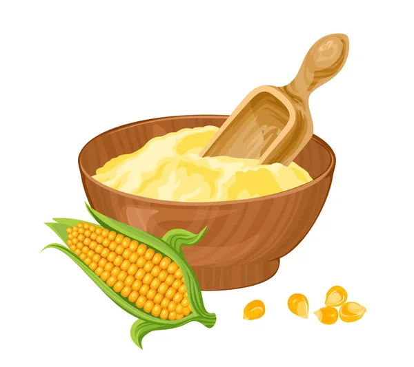 Corn Flour Wooden Bowl Spoon Yellow Maize Vector Illustration Cartoon — Stockvektor