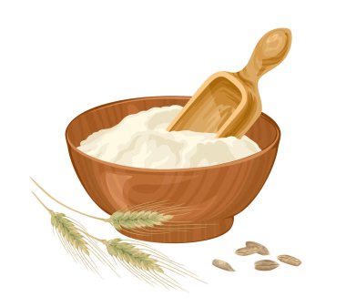 Rye flour in wooden bowl, spoon, grain and spikelet isolated on white. Vector cartoon flat illustration.