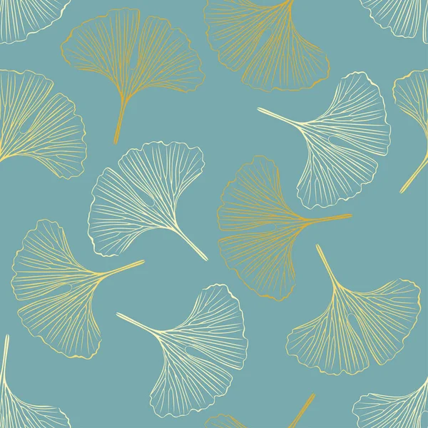 Golden Ginkgo Leaves Turquoise Background Seamless Botanical Pattern Vector Art — Stockvektor