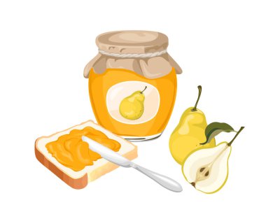 Vector pear jam set. Spread on piece of toast bread, knife, glass jar with jelly and ripe fruit isolated on white background. Cartoon sweet food illustration.