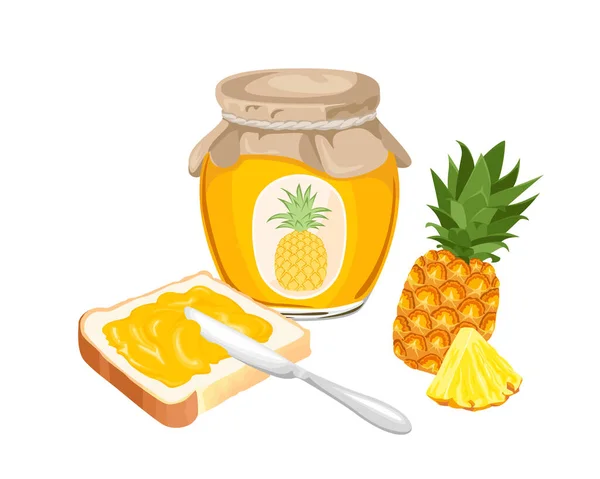 Vector Pineapple Jam Set Yellow Marmalade Spread Piece Toast Bread — Stok Vektör