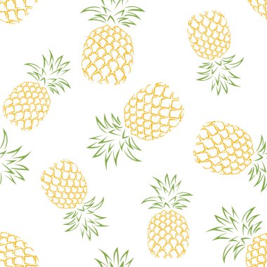 Pineapples outline seamless pattern. Vector background with tropical fruits on white.