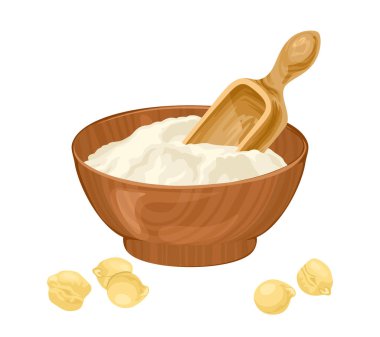 Chickpea flour in wooden bowl with spoon and beans. Vector  organic food illustration in cartoon flat style.