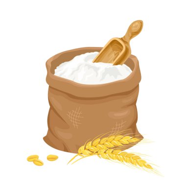 Sack with wheat flour and golden ears isolated on white. Vector cartoon illustration of food. clipart