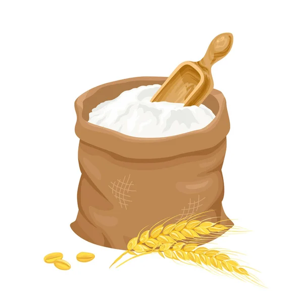 Sack Wheat Flour Golden Ears Isolated White Vector Cartoon Illustration — Vetor de Stock