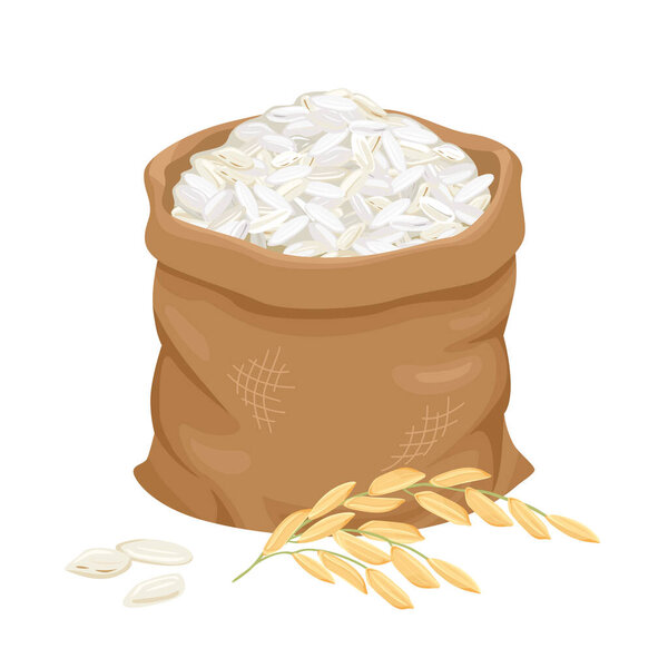 Bag with rice grain and ear isolated on white background. Vector cartoon illustration of cereal harvest.