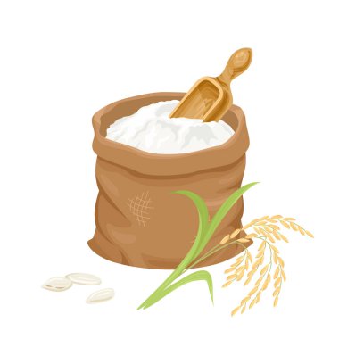 Beyaz arka planda pirinç unu, bitki ve kepçeyle izole edilmiş. Vektör çizgi film illüstrasyonu.