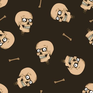 Esmer arka planda tuhaf kafatasları ve kemikler var. Vektör illüstrasyonu.