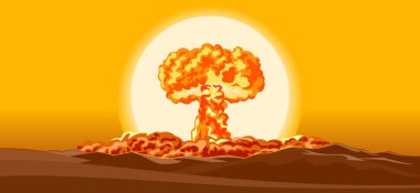 Nükleer bomba patlaması var. Atom bombası ve mantar bulutları. Vektör çizgi film illüstrasyonu.