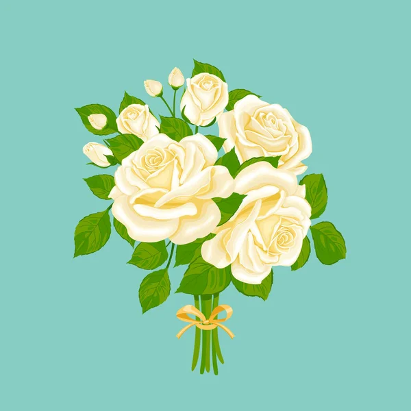 Strauß Weißer Rosen Isoliert Auf Blauem Hintergrund Grußkarte Vorhanden Vektorgrafik — Stockvektor