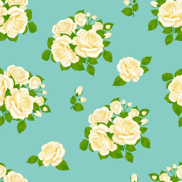 Rosas Padrão Sem Costura Cor Branca Bouquets Belas Flores Azul — Vetor de Stock