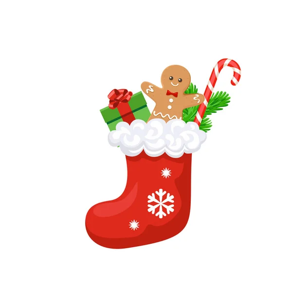 Calcetín Navidad Con Regalos Hombre Jengibre Bastón Caramelo Sobre Fondo — Vector de stock