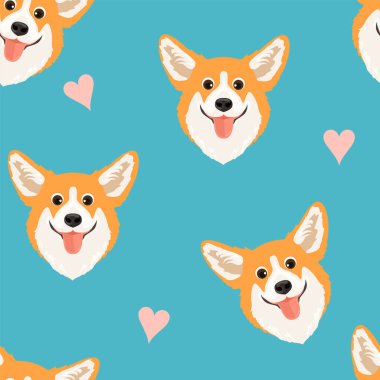 Mavi arka planda şirin korgis desenleri var. Komik gülümseyen köpek kafaları ve kalpleriyle vektör illüstrasyonu.