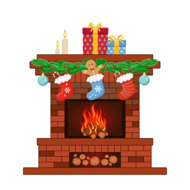 Beyaz tenli, hediyeli ve çoraplı bir Noel şöminesi. Kış tatilinin vektör çizimi.