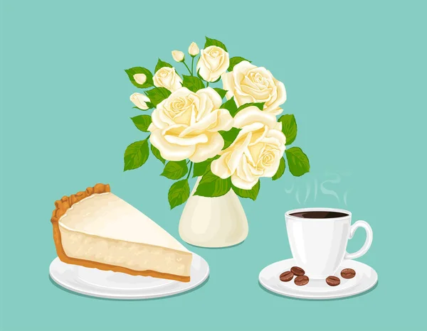 Kaffee Blumen Und Dessert Vektor Cartoon Illustration Eines Straußes Weißer — Stockvektor