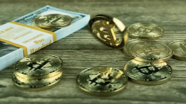 Bitcoin Pièces Sur 100 Billets Cyberespace Pièces Numériques Crypto Monnaie — Video